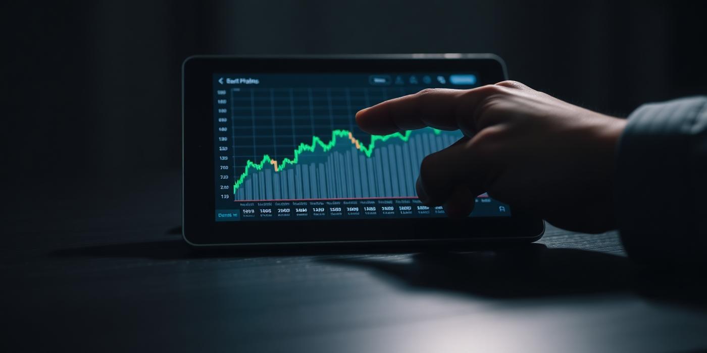 A hand pointing at a rising green performance chart displayed on a tablet held over a desk — illustrating "The Wheel Strategy: A Complete Guide (With Real Rules)"