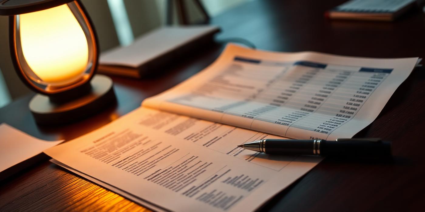 Printed financial statements, a calculator and a pen arranged on a dark desk under a warm lamp — illustrating "Cash-Secured Puts: Get Paid While You Wait to Buy"