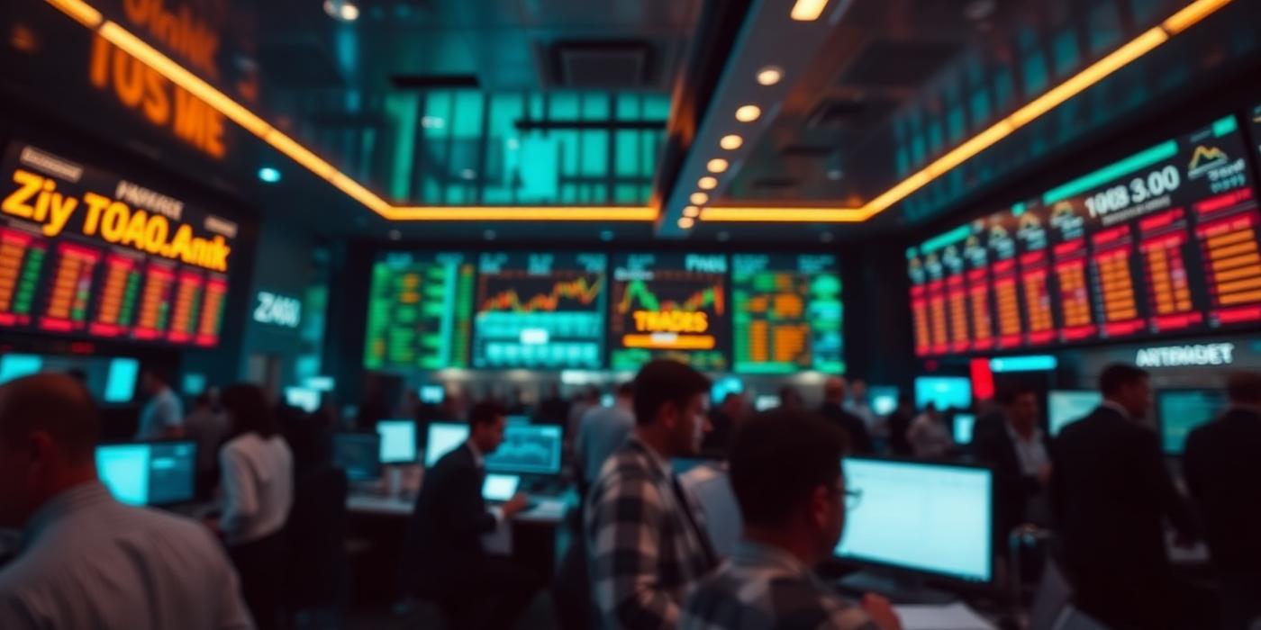A blurred trading floor at midday with rows of glowing market screens in the background — illustrating "Covered Calls Explained: Get Paid to Own Stocks"