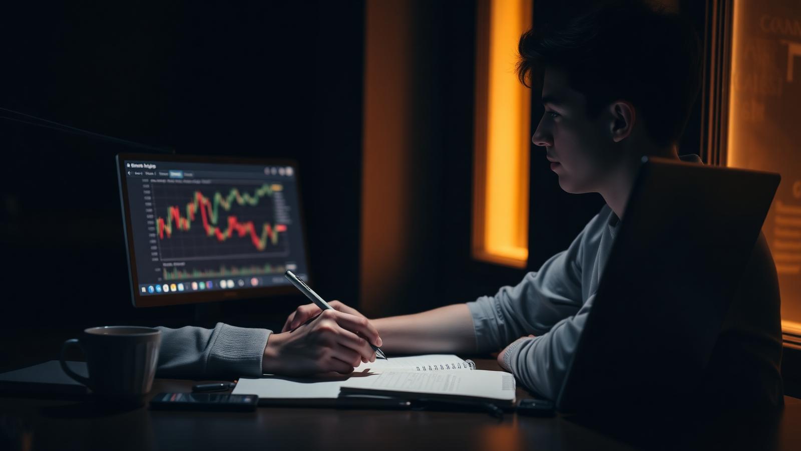 A person at a wooden desk reviewing a long-term portfolio growth chart on a laptop, with a notebook and coffee beside it