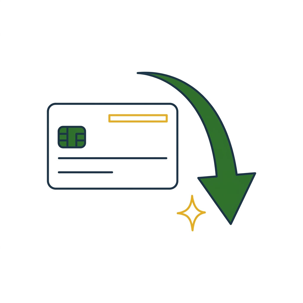 Illustration of a credit card with a downward arrow representing credit card payoff.