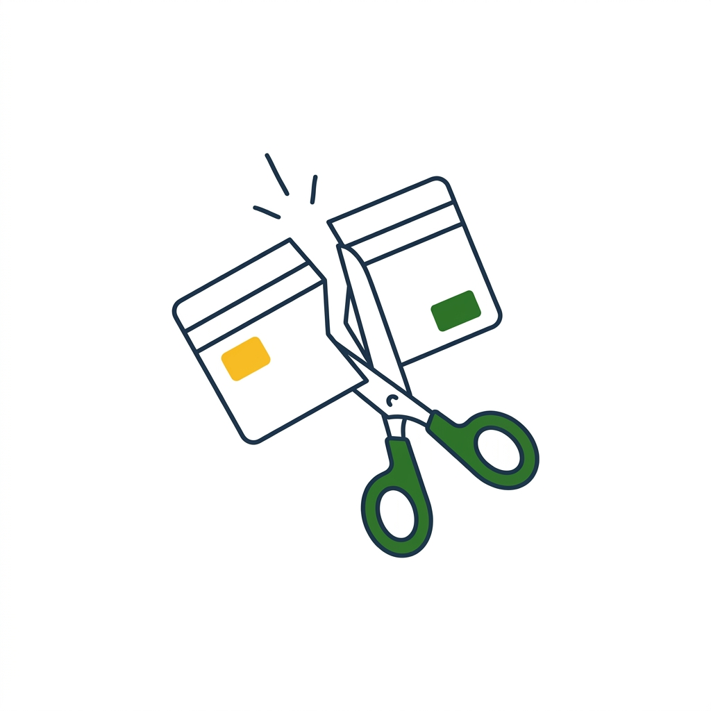 Illustration of scissors cutting a credit card representing debt payoff.