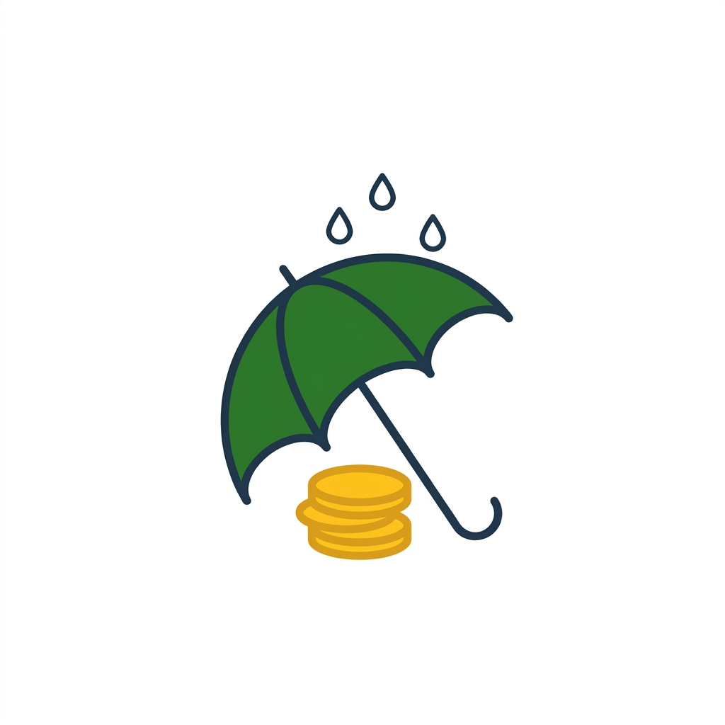 Illustration of an umbrella sheltering coins representing an emergency fund.