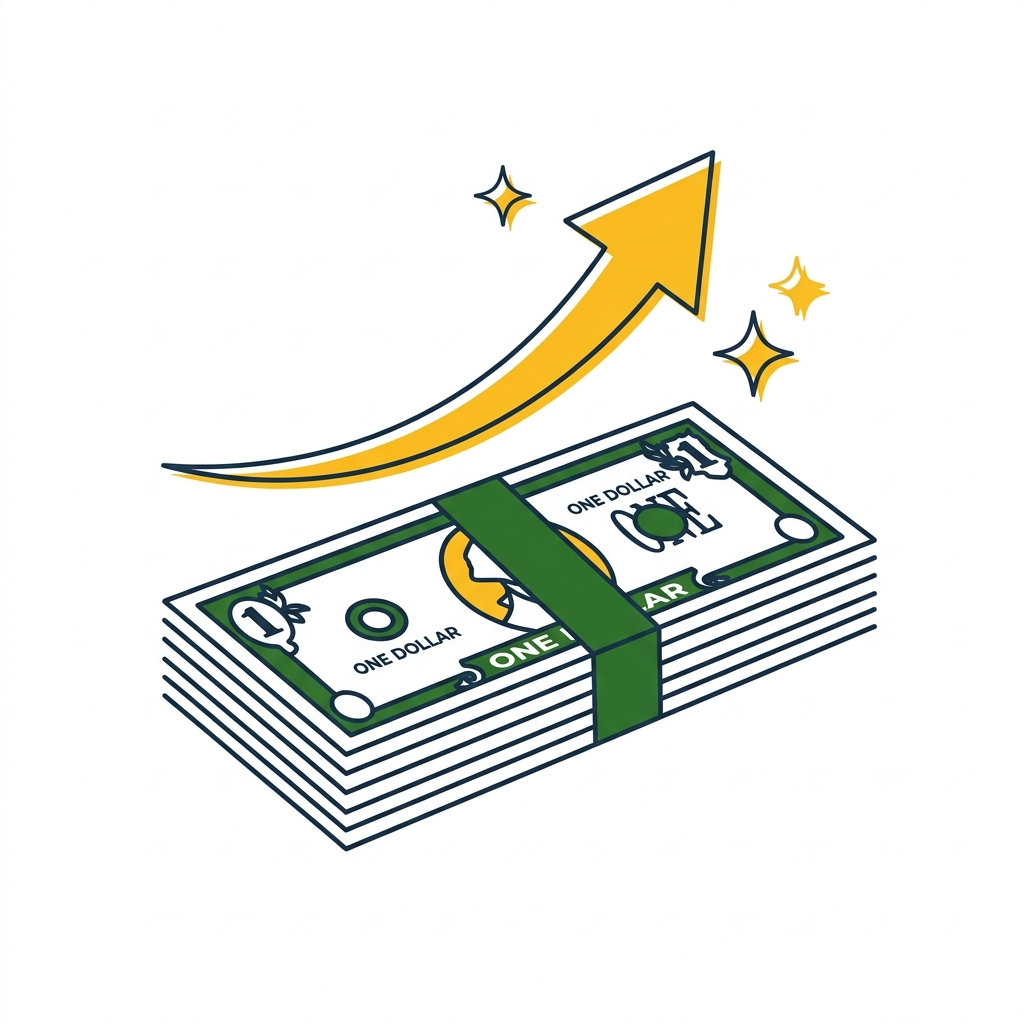 Illustration of a stack of money with an upward arrow representing options income.